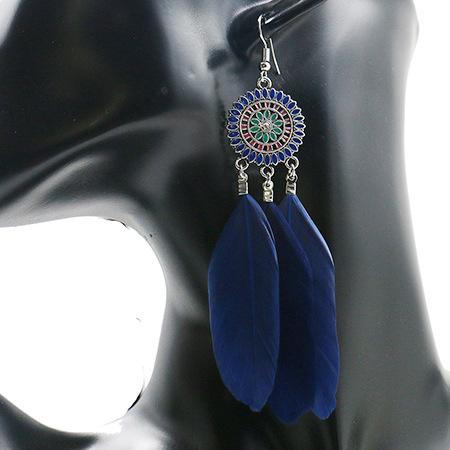 Fashion round flower ethnic retro tassel feather pendant long section earrings