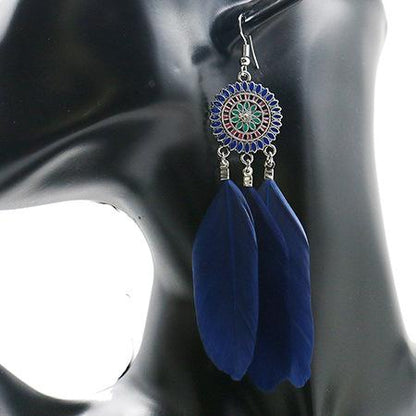 Fashion round flower ethnic retro tassel feather pendant long section earrings