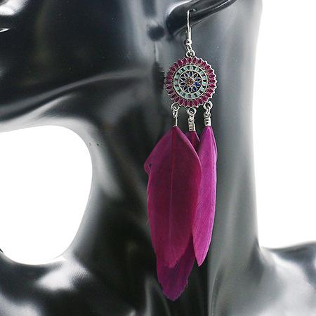 Fashion round flower ethnic retro tassel feather pendant long section earrings