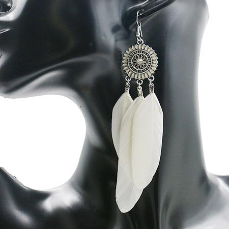 Fashion round flower ethnic retro tassel feather pendant long section earrings