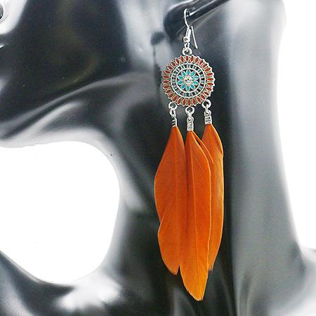 Fashion round flower ethnic retro tassel feather pendant long section earrings