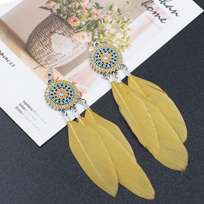 Fashion round flower ethnic retro tassel feather pendant long section earrings