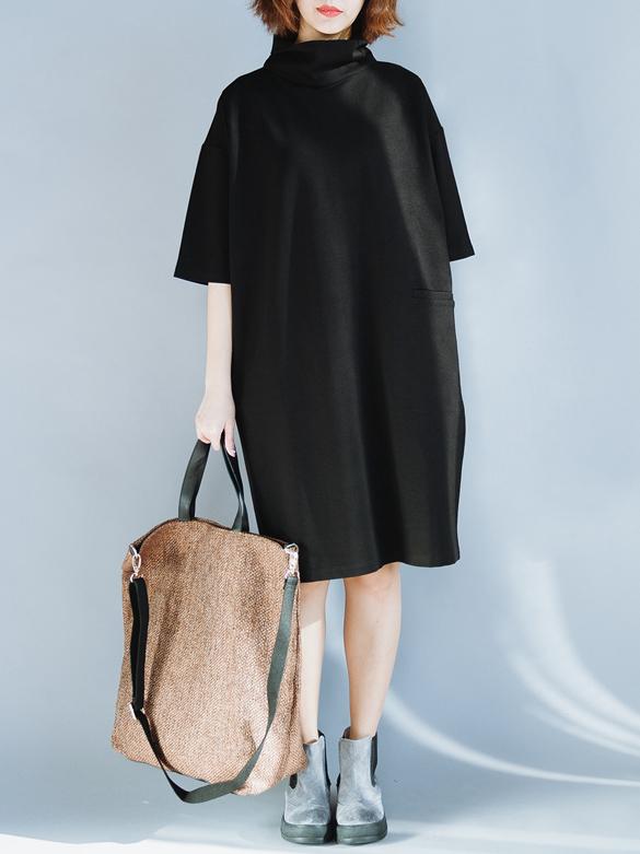 Solid Loose High-neck Half Sleeves Dress