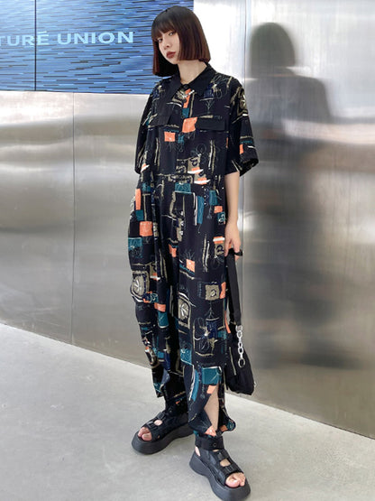 Stylish Printed Belted Split-Side Lapel Short Sleeves Jumpsuits