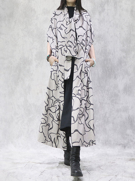 Artistic Retro Printed Split-Joint With Scarf Long Sleeves Sweater Outwear