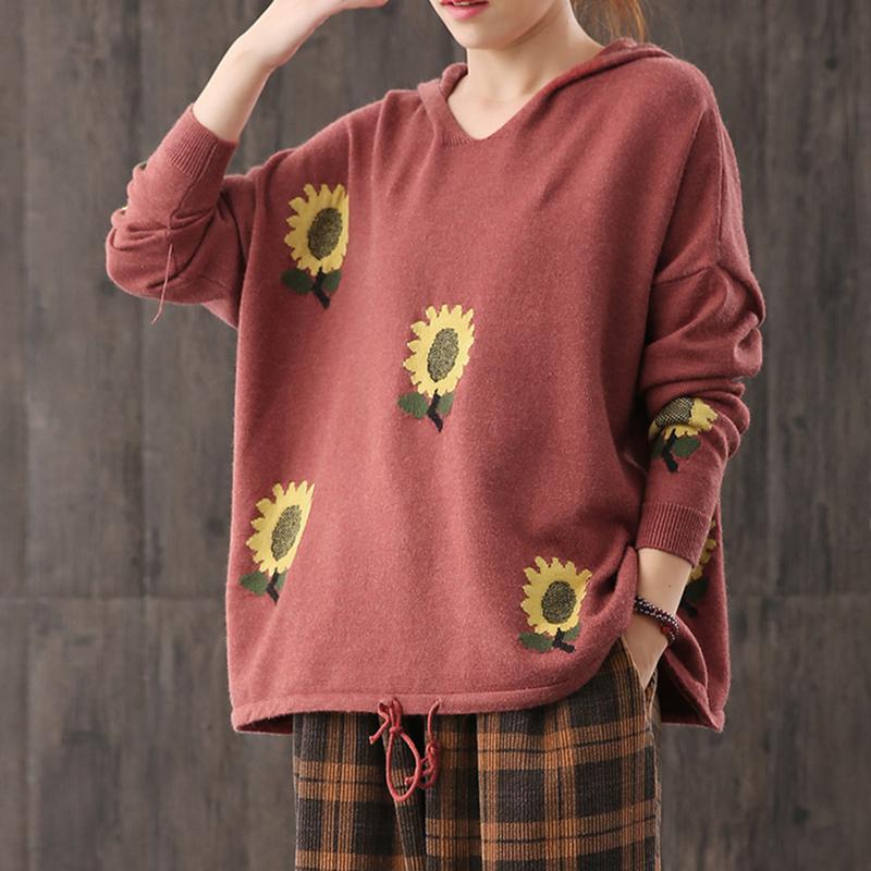 Buykud Casual Sunflower Adjustable Waist Hooded Sweater