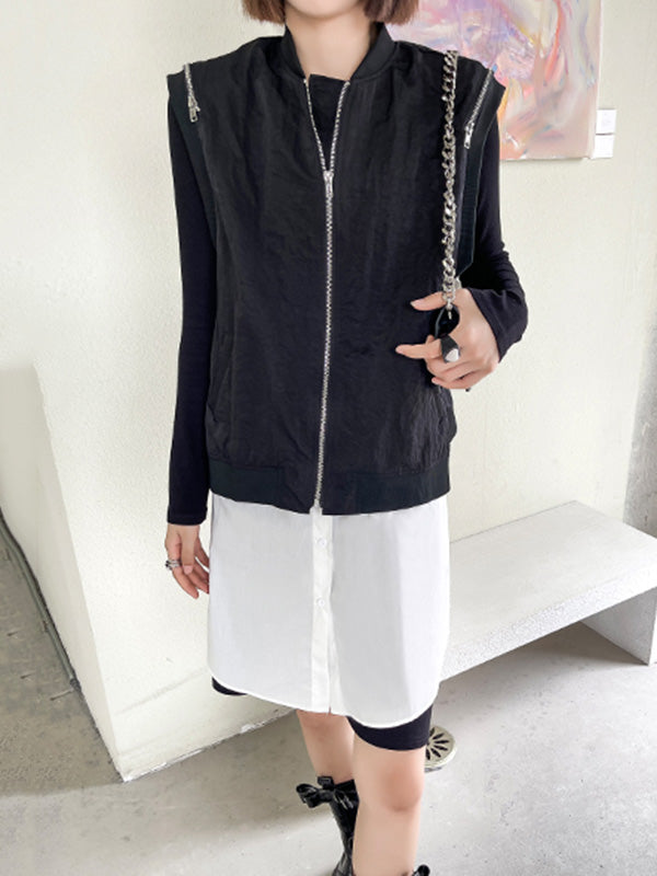 Cool Street Split-Joint Zipper Buttoned Round-Neck Sleeveless False Two Vest Outwear