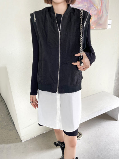 Cool Street Split-Joint Zipper Buttoned Round-Neck Sleeveless False Two Vest Outwear