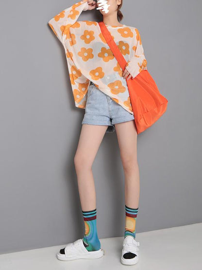 Loose Flower Printed Sunscreen T-shirt