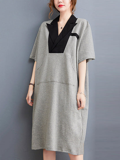 Urban Notched Collar Split-Joint Midi Dress