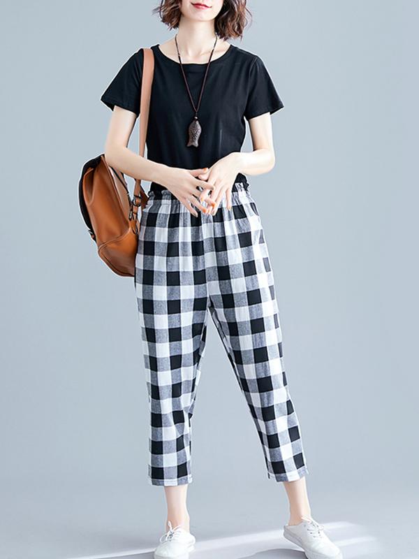 Loose Straight Leg Plaid Harem Pants