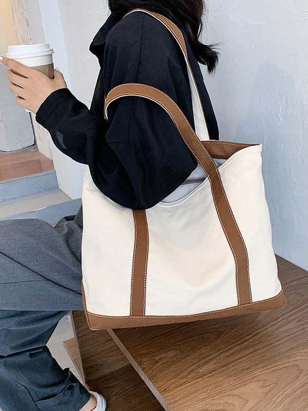 Simple Split-Joint Canvas Shoulder Bag Tote Bag
