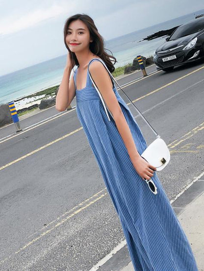 Blue Striped Sleeveless Wide Leg Jumpsuits