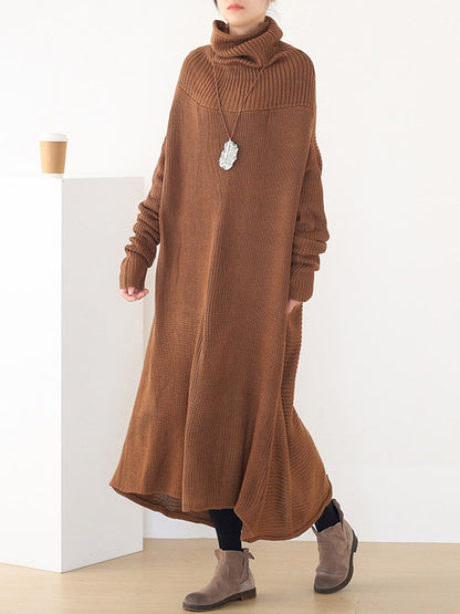 Casual Solid Color High-Neck Long Sleeves Knitted Sweater Midi Dress
