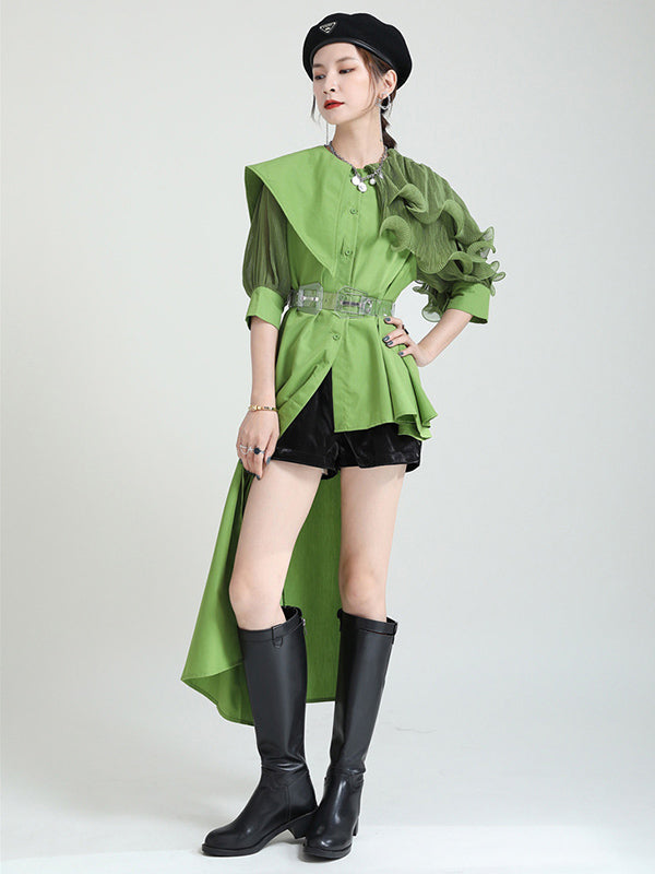 Stylish Irregular 4 Colors Split-Joint Pleated Mesh Falbala Buttoned Lapel Collar Bishop Sleeves Blouse