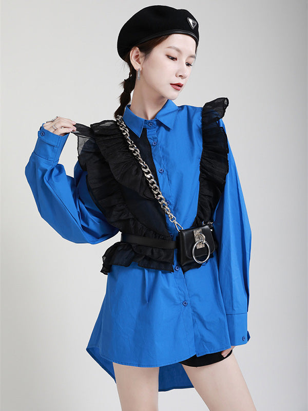 Stylish Irregular Contrast Color Split-Joint Falbala Mesh Drawstring Buttoned Lapel Collar Long Sleeves Blouse