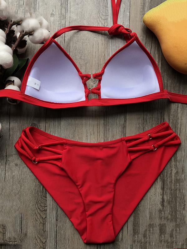 Solid Color Bandage Hollow Split Bikini Swimsuit