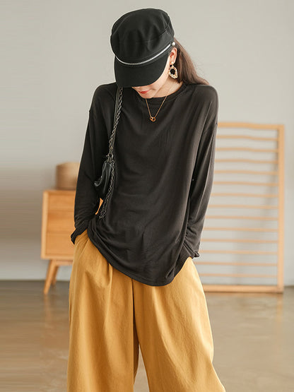 Casual Simple Solid Color Loose Round-Neck Long Sleeves T-Shirt