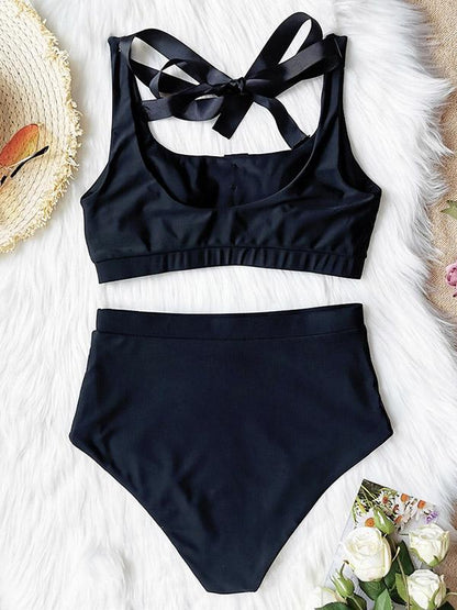 Solid Color Bandage Split Bikini Swimsuit