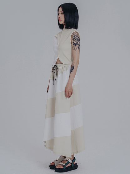 Simple Drawstring Waisted Contrast Color A-Line Skirt