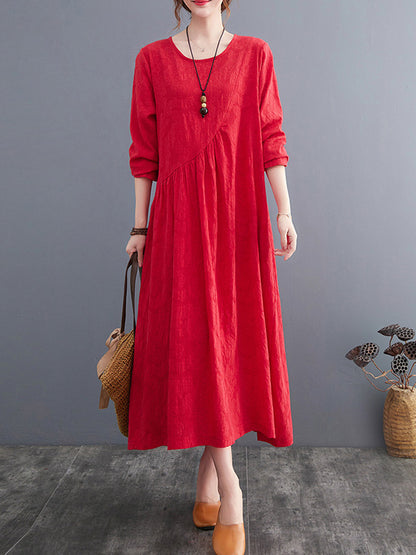 Casual Simple Solid Color Pleated Round-Neck Long Sleeves Midi Dress