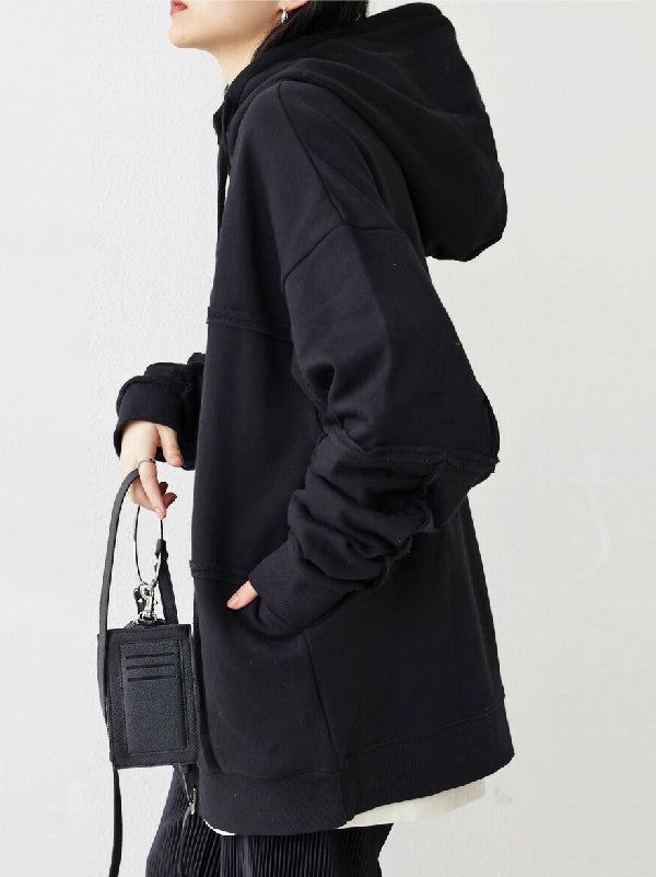 Stylish Loose Split-Joint Asymmetric Drawstring Hooded High-Neck Jacket Outerwear