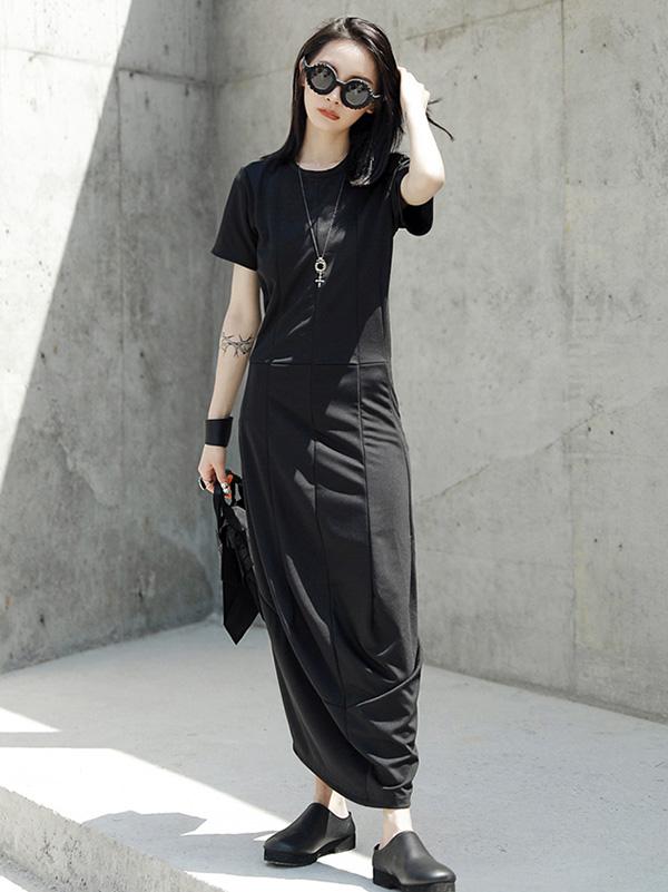 Simple Black Winkled Long Dress