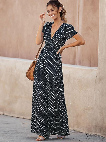 Deep V-neck Polka Dot Maxi Dress