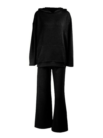 Simple Casual Solid Color Knitted Hoodies+Knitted Elasticity Wide Leg Pants 2 Pieces Set