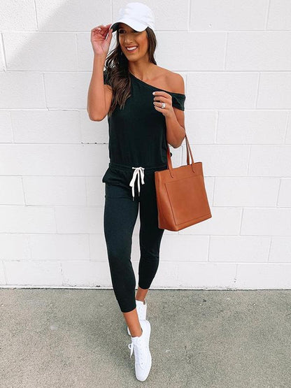 Short Sleeved With Slanted Shoulder Athleisure Jumpsuits