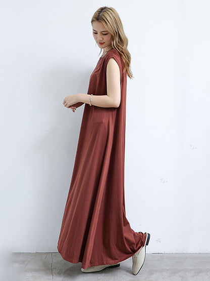 Simple Solid Color Oversized A-Line Round-Neck Cap Sleeves Maxi Dress