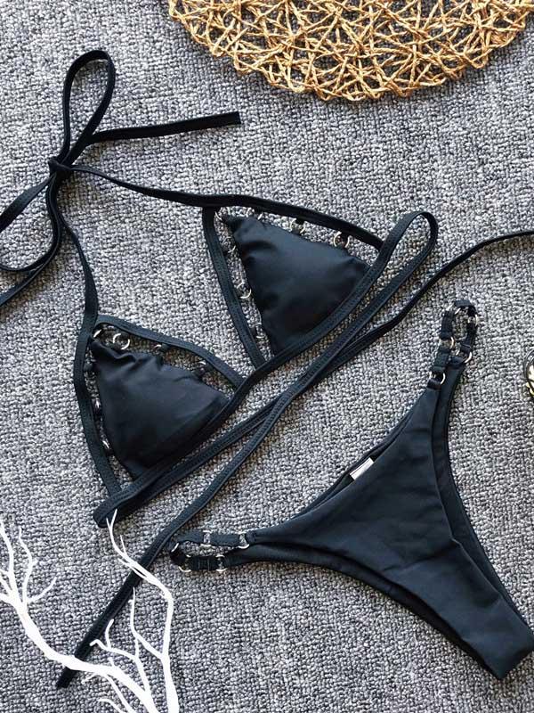Black Hollow Lace Up Bikini Set