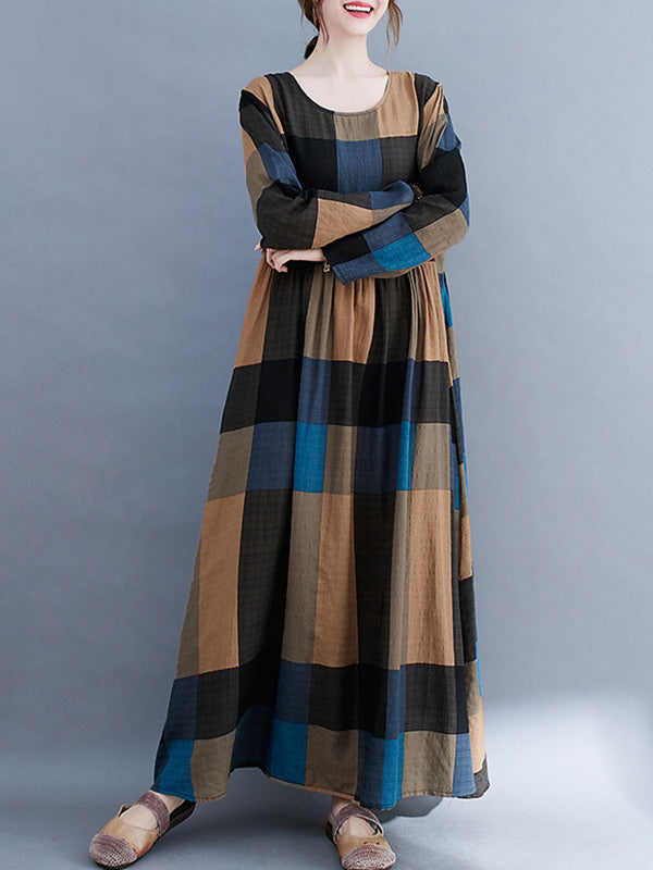 Vintage Ramie Cotton Long Sleeves A-Line Maxi Dresses