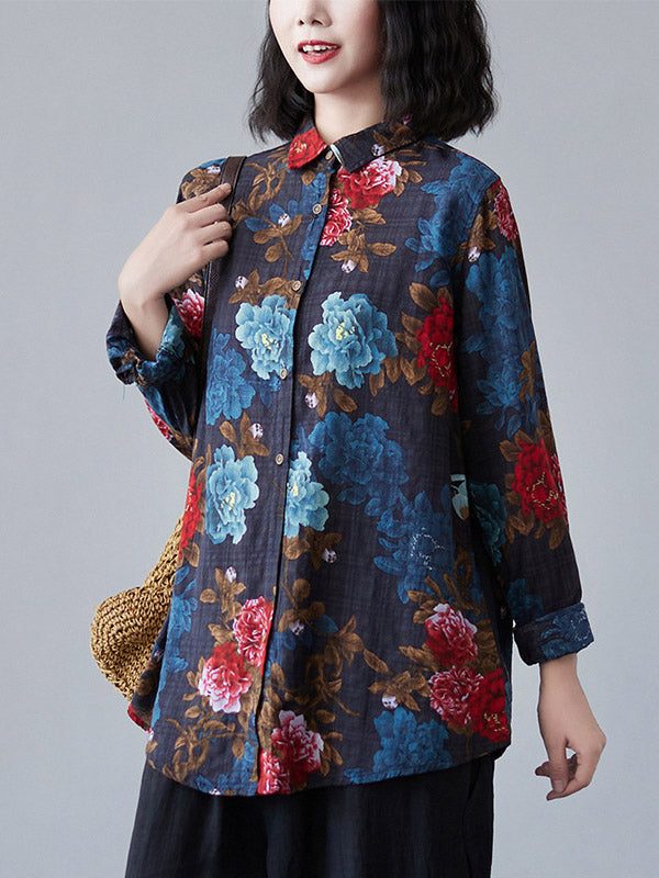 Artistic Retro Floral Printed Buttoned Lapel Collar Long Sleeves Blouse