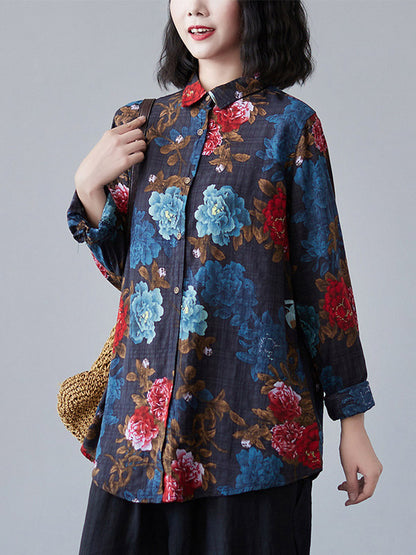 Artistic Retro Floral Printed Buttoned Lapel Collar Long Sleeves Blouse