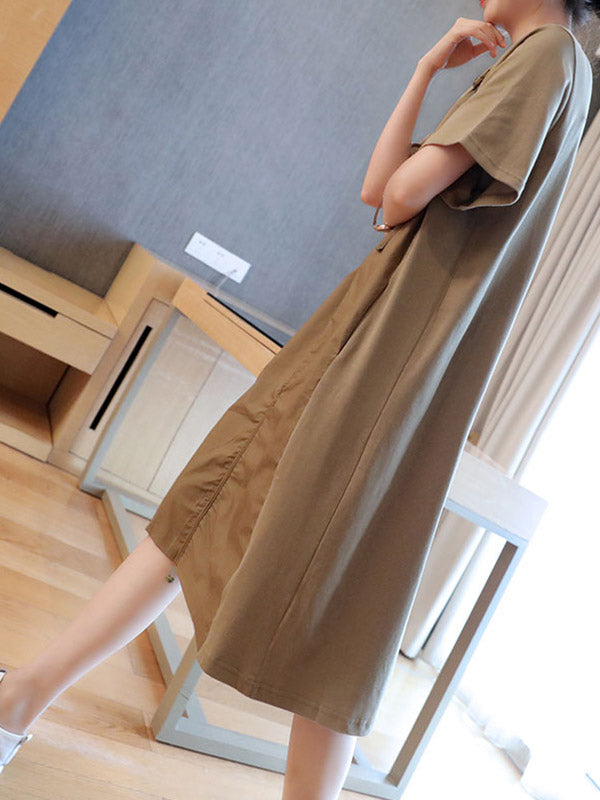 Original Casual Loose Solid Color Split-Joint Round-Neck Half Sleeves False Two Midi Dress