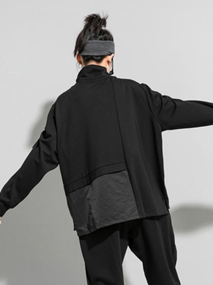 Autumn Loose Drawstring High-Neck False Two T-Shirt