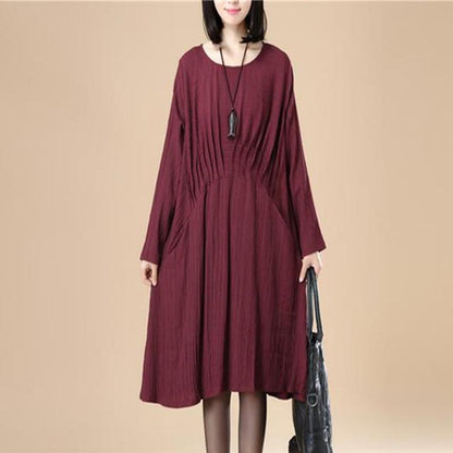 Round Neck Pleated Elegant Women Stripe Split Wine Red Dress