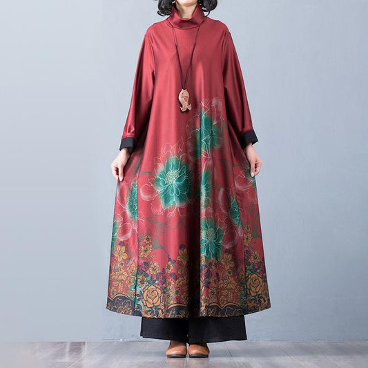 Buykud Casual Elegant Floral Printed Loose Turtleneck Dress