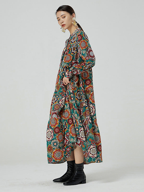 National Floral Printed Buttoned Pleated Stand Collar Long Sleeves Midi Dress