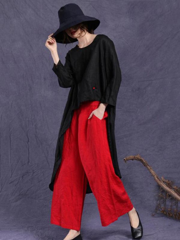 HIGH-LOW LINEN LOOSE SOLID SHIRT TOP