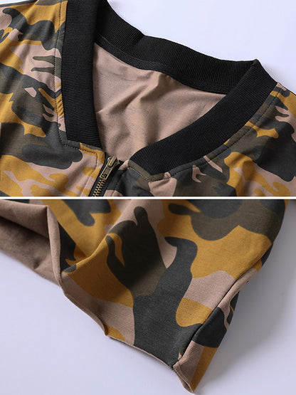 Casual Zipper V-Neck Camouflage Printed Long Sleeves Outerwear