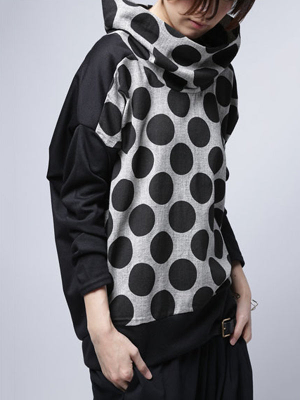 Original Loose Polka-Dot Split-Joint Heaps Collar Long Sleeves T-Shirt Tops