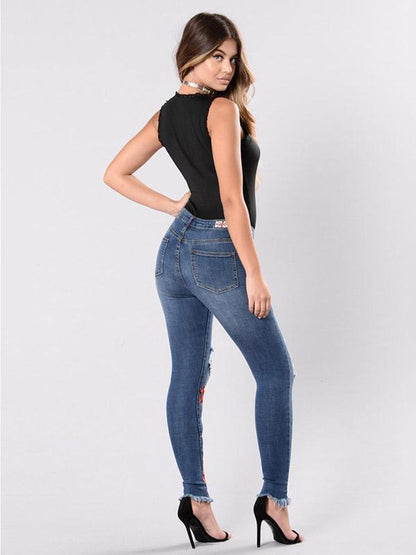 Pretty Embroidered Ripped Stretch Jean Pants Bottoms
