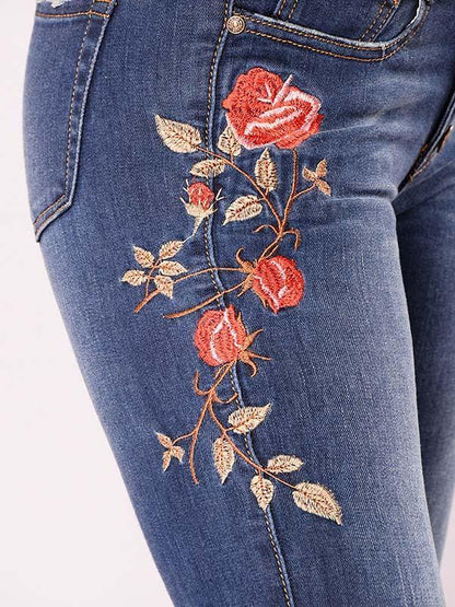 Pretty Elastic Embroidered Ripped Jean Pants Bottoms