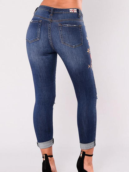 Pretty Elastic Embroidered Ripped Jean Pants Bottoms