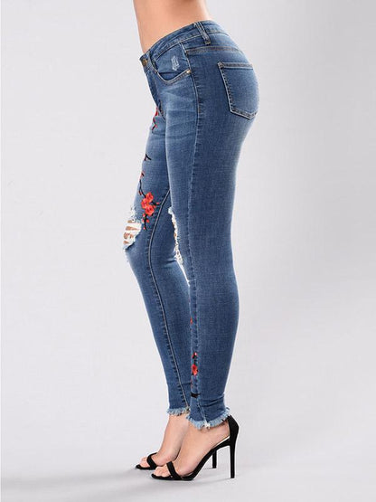 Pretty Embroidered Ripped Stretch Jean Pants Bottoms