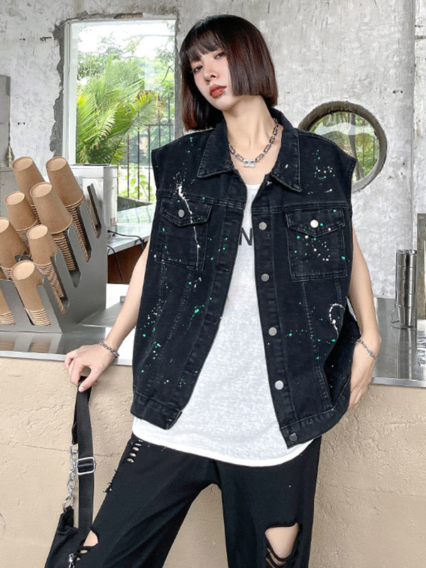 Original Denim Split-Joint With Pocket Splash Ink Buttoned Lapel Collar Sleeveless Vest Outwear