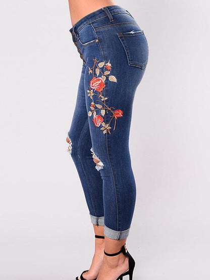 Pretty Elastic Embroidered Ripped Jean Pants Bottoms