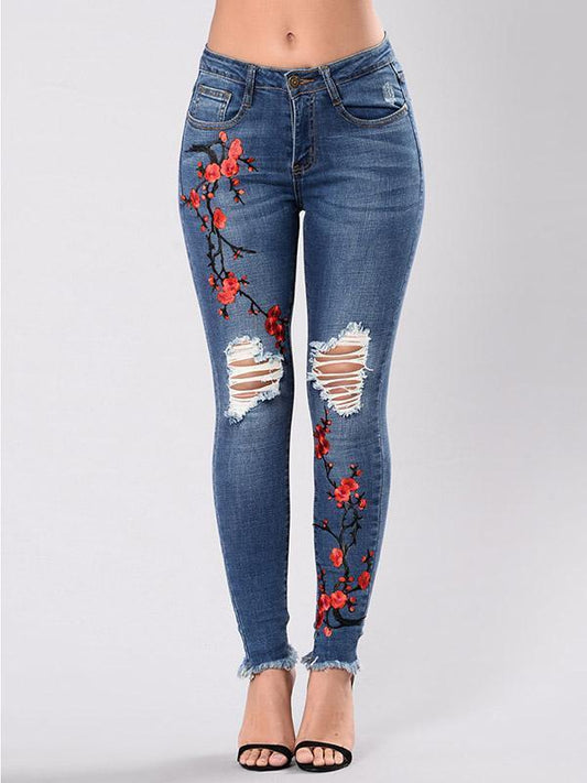 Pretty Embroidered Ripped Stretch Jean Pants Bottoms